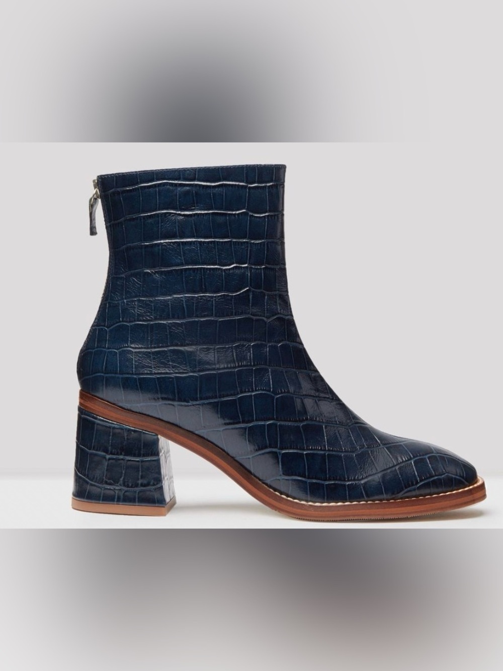Miista Navy Croc-Embossed Block Heel Ankle Boot